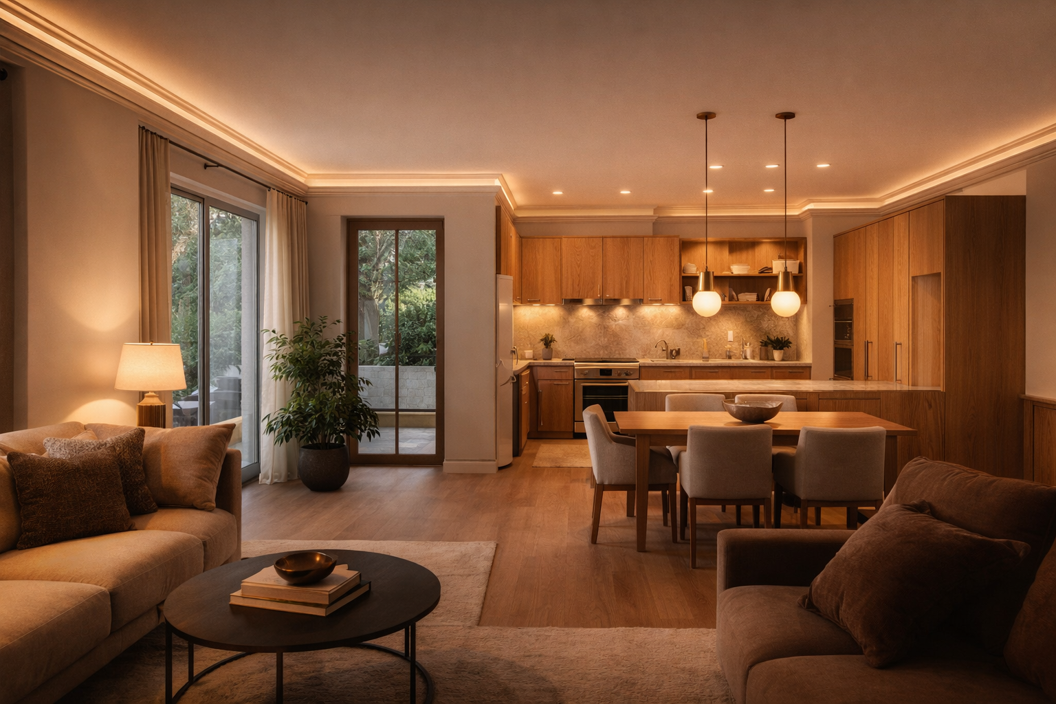 Casa renovada com sala, jantar e cozinha integradas, materiais quentes e iluminação calma